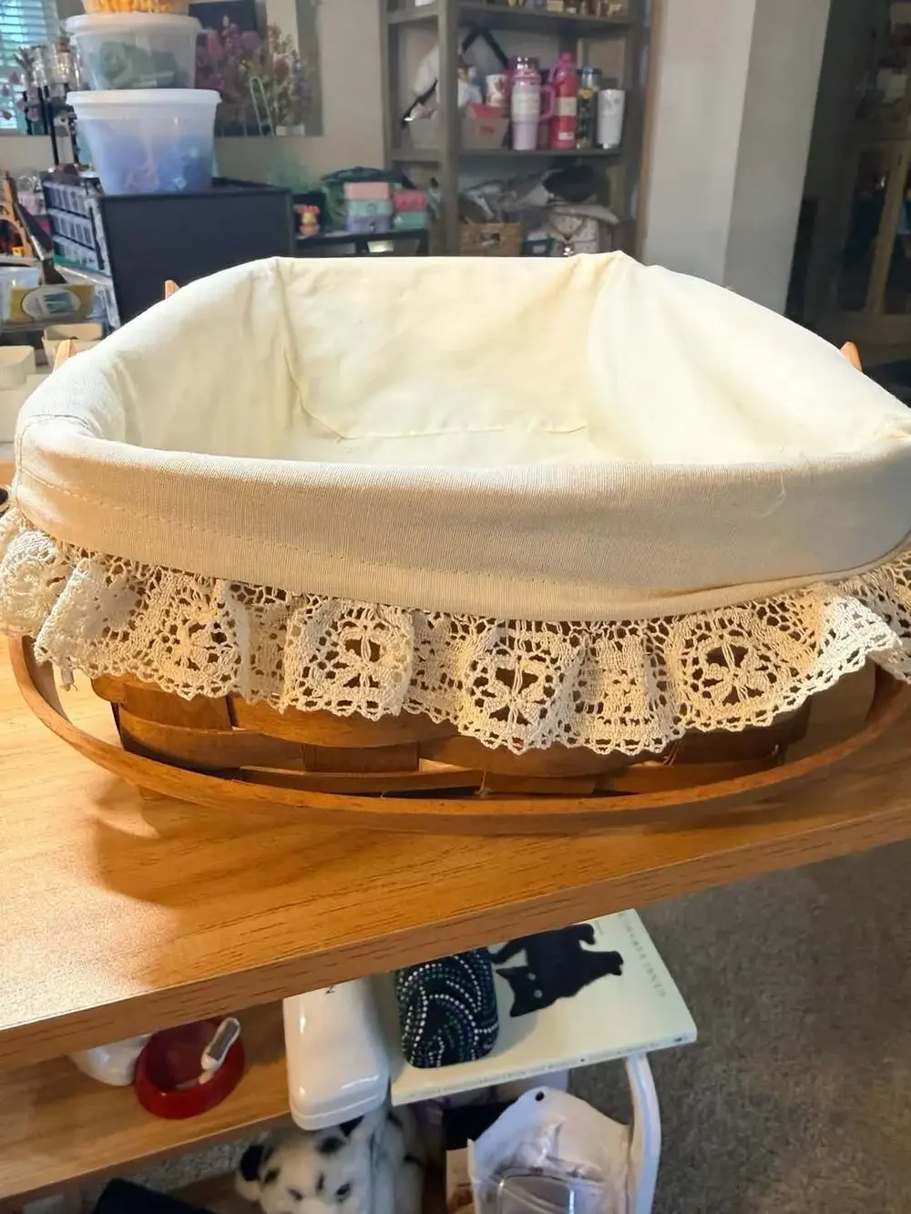 Vintage 1991 Longaberger Handled Basket with Lace-Trimmed Liner